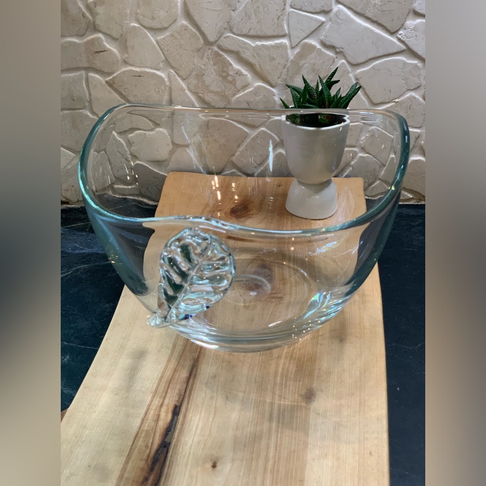 VINTAGE | Heavy Clear Crystal Serving Bowl | Fused Leaf Decor
